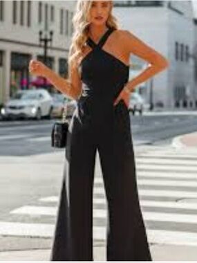 Sugarlips Black Cross-Halter Wide-Leg Jumpsuit